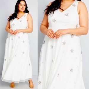 Modcloth Under The Stars Gown Maxi Womens Medium White Beads Sequins NWT Wedding